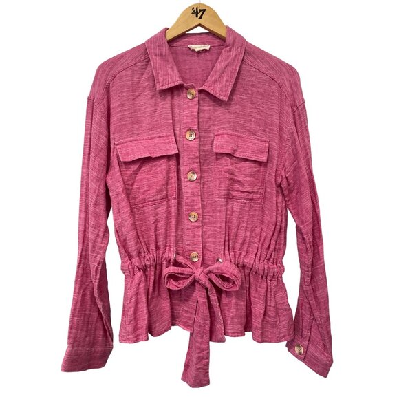 Mystree Shirt Size Large Belted Button Front Long Sleeve Tie Waist Utility Pink - Picture 1 of 6